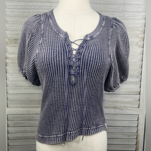 Free People Tops - FREE PEOPLE (One) Puff Sleeve Waffle Knit Tee Acid Wash Blue-XS
